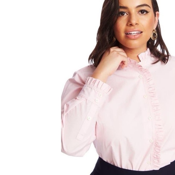 COURT & ROWE Tops - Court & Rowe Ruffle Trim Button-Up Top in Chambray Pink